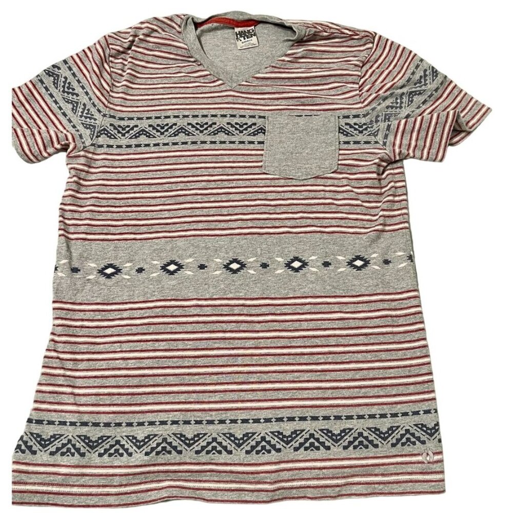 Southwest T-SHIRT Gray V-Neck Pocket Red White STRIPES Hang 10 Americana Size Sm